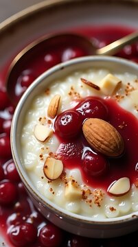 Danish Risalamande with Cherry Sauce and Almonds for Christmas