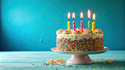 Birthday cake with colorful frosting and sprinkles, decorated with candles , celebration, dessert, 26th birthday, sweet