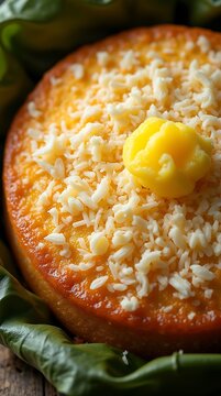 Filipino Bibingka with Banana Leaves, Coconut, and Eggs for Christmas