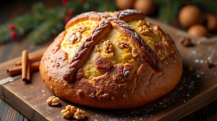 Greek Christopsomo with Walnuts and Spices for Christmas Celebration