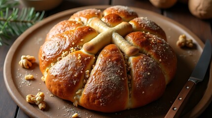 Greek Christopsomo with Walnuts and Spices for Christmas Celebration