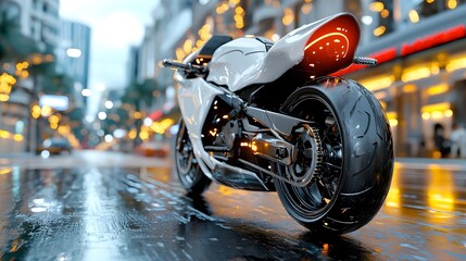 Fototapeta premium Sleek and futuristic eco friendly motorbike navigating a rainy urban landscape showcasing a focus on sustainable mobility and clean transportation technology in a dynamic 3D digital
