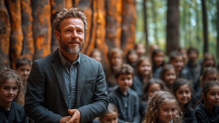 Naklejka premium A man in a gray jacket smiles and looks up while surrounded by children.
