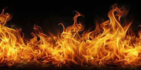 Fototapeta premium Ethereal orange and gold flames on black background , elemental, power, fiery, mystical, vibrant, dynamic, energy, intense