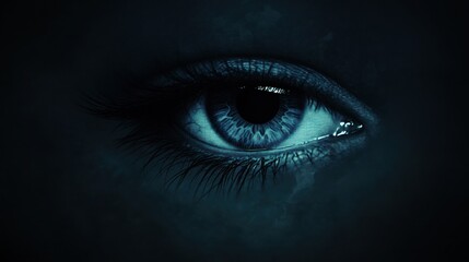 Fototapeta premium A close-up of a blue eye, with a dark background. The eye is looking directly at the viewer, and there is a sense of mystery and intrigue.