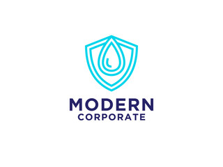 Protection Logo. Blue Linear Style Shield Icon with Water Drop Symbol inside isolated on White Background. Usable for Healthcare, Medical and Security Logos.