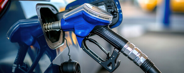 A car is being filled with gas. The gas pump is blue and black. The car is parked at a gas station