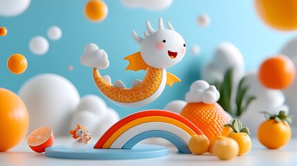 Naklejka premium Whimsical 3D clay dragon character flying over a rainbow bridge in a vibrant imaginative fantasy world Playful surreal and magical animation design