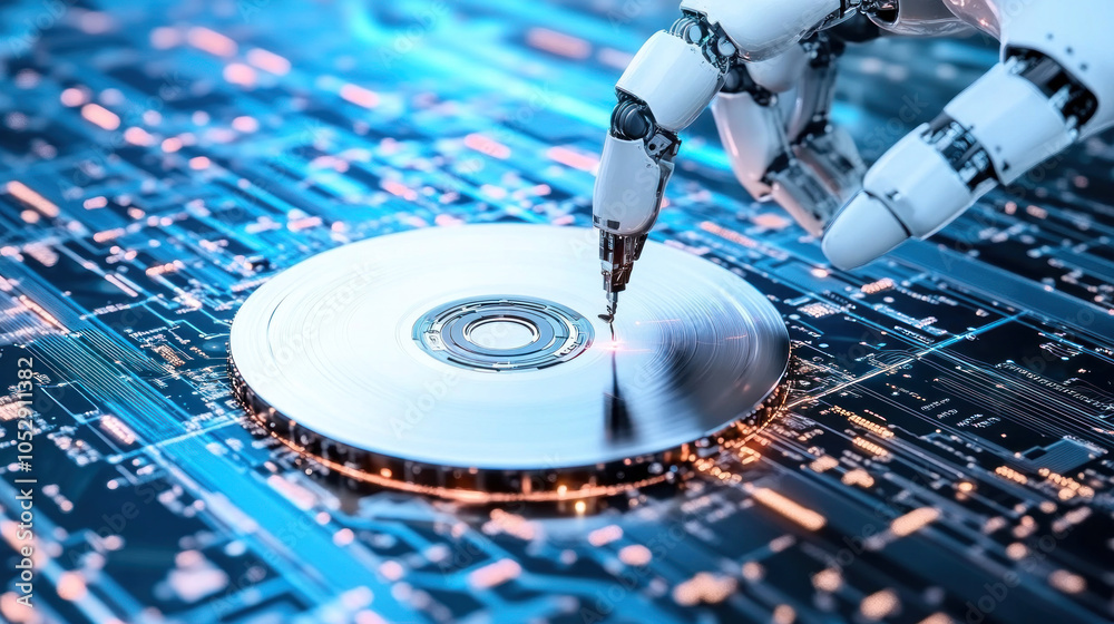 Poster a robot is touching a cd on a computer circuit board. the robot is white and has a black hand. the c