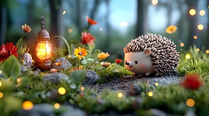 Quirky 3D clay hedgehog figurine rolling through a glowing enchanted forest with whimsical moss covered mushrooms flowers and other mystical creatures  The scene has a cozy whimsical