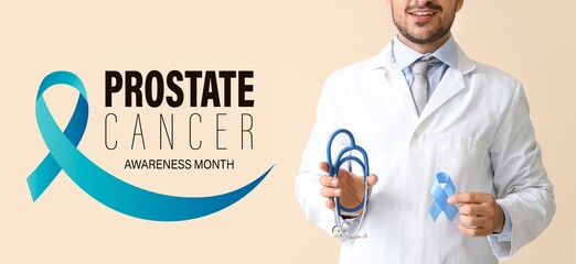Doctor with blue ribbon and stethoscope on beige background. Prostate Cancer Awareness Month