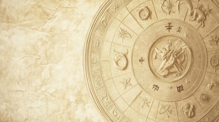 Ancient map with zodiac symbols, faded sepia, mystical and astrological theme