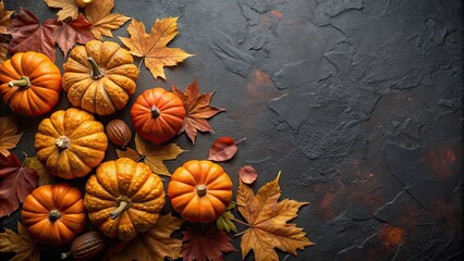 Fototapeta premium Top down view of pumpkins and autumn leaves on a dark background, pumpkin, autumn, leaves, fall, seasonal, harvest