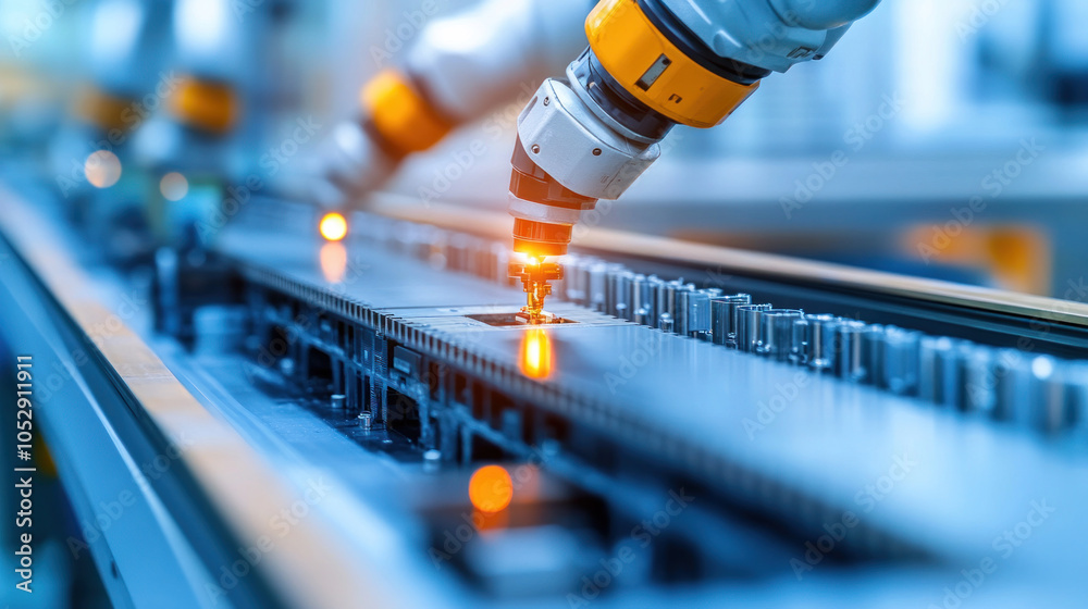 Poster a robot is working on a machine, and the image conveys a sense of precision and efficiency