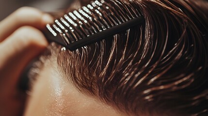 Close up photo of clean healthy man's hair. Young man comb his hair. 