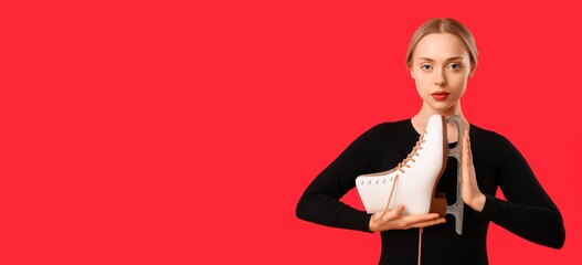 Young woman holding ice skate on red background with space for text