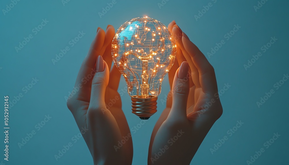 Poster 3d rendering of hands presenting a glowing lightbulb icon integrated with intricate network circuits