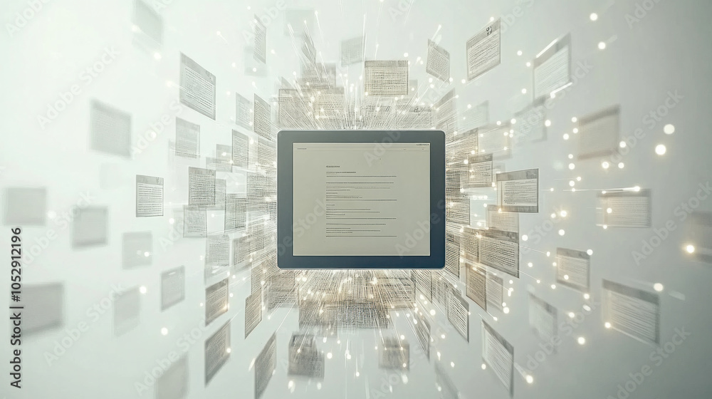 Poster a tablet screen is surrounded by a cloud of text. the text is jumbled and overlapping, creating a se