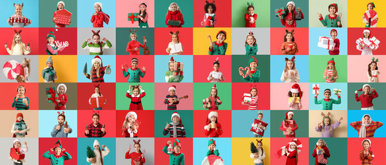 Big collage of little children on color background. Christmas celebration