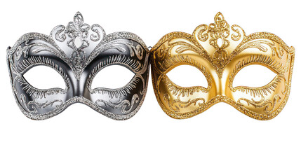 view of a pair of golden and silver masquerade masks transparant background