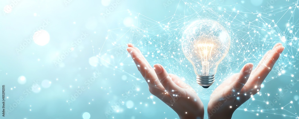 Poster contemporary design of hands showcasing a glowing lightbulb icon integrated with complex network cir