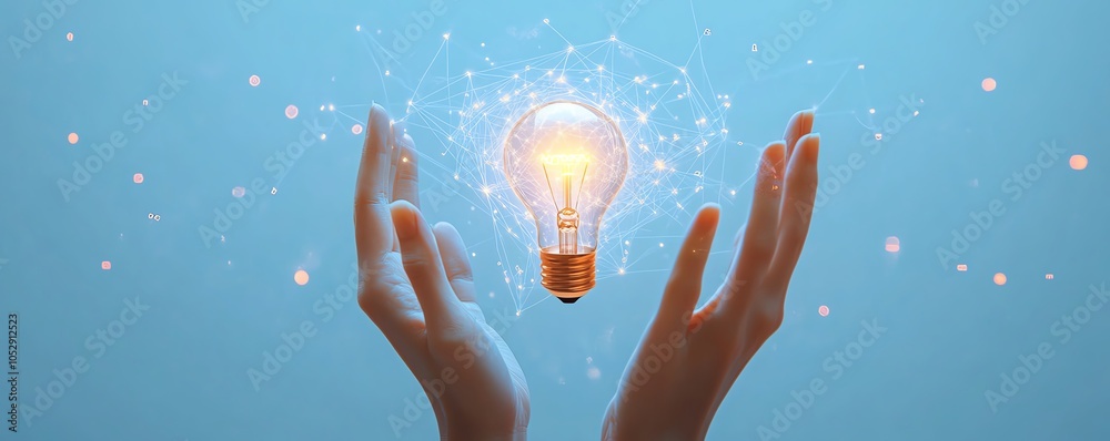 Aufkleber contemporary design of hands showcasing a glowing lightbulb icon integrated with complex network cir