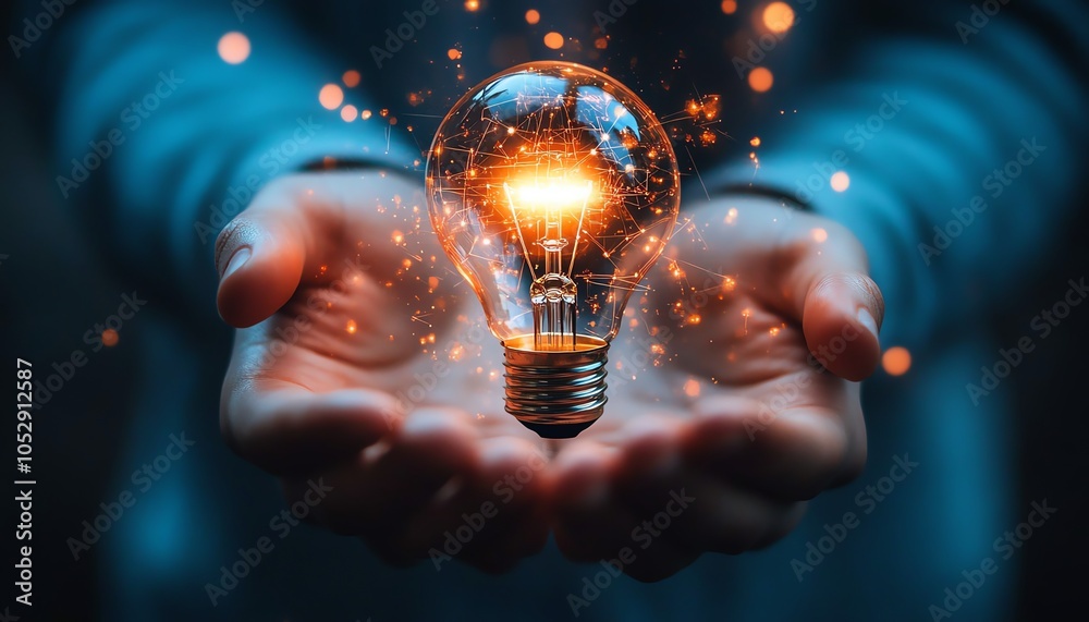 Poster Creative rendering of hands presenting a lightbulb icon merged with network circuits on a light blue backdrop, highlighting the excitement of new technological possibilities