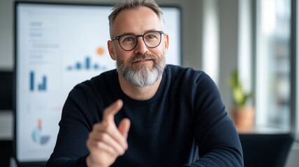 Business professional in casual attire discusses data analytics during a meeting, with charts visible in the background, in a modern office.