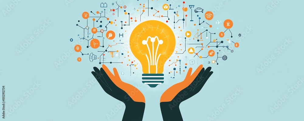Leinwandbilder dynamic composition showcasing hands presenting a bright lightbulb icon integrated with network circ
