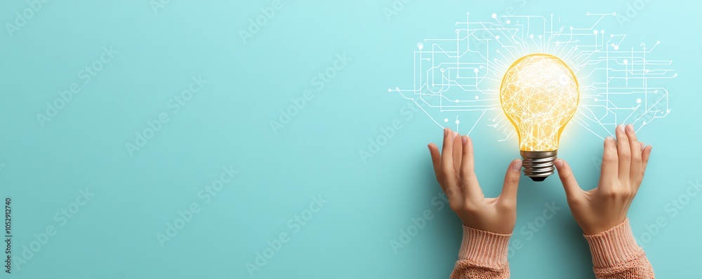 Leinwandbilder dynamic composition showcasing hands presenting a bright lightbulb icon integrated with network circ