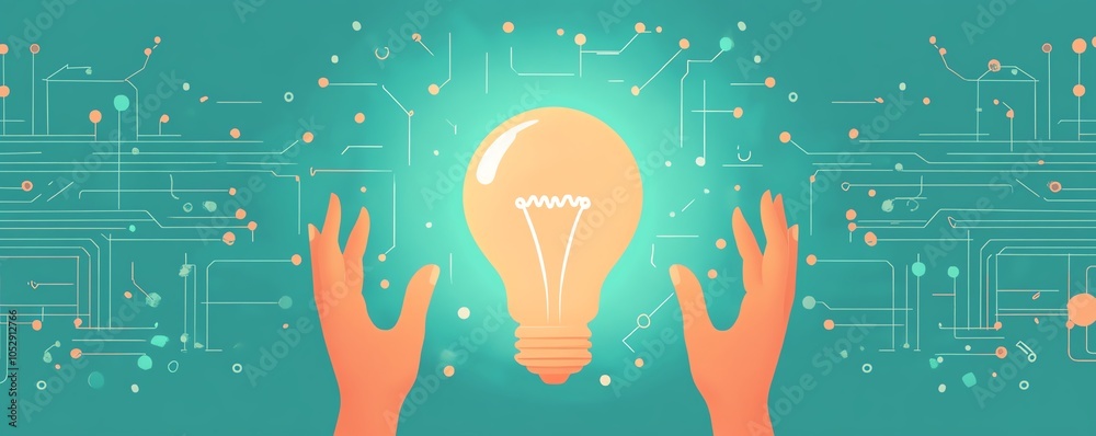 Leinwandbilder dynamic composition showcasing hands presenting a bright lightbulb icon integrated with network circ