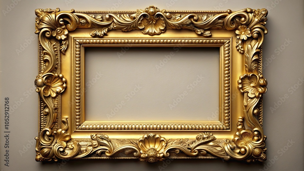 Wall mural golden picture frame with intricate design bordering an empty space for artwork or photograph , gold