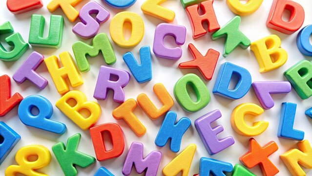 Close-up of colorful alphabet vowels on a white background, vowel, letters, education, language, school, alphabet