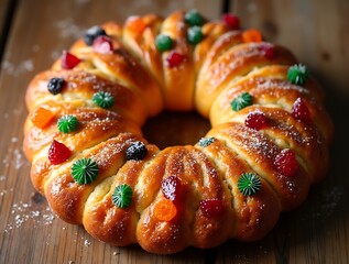 Spanish Roscón de Reyes with Candied Fruits for Epiphany Celebration