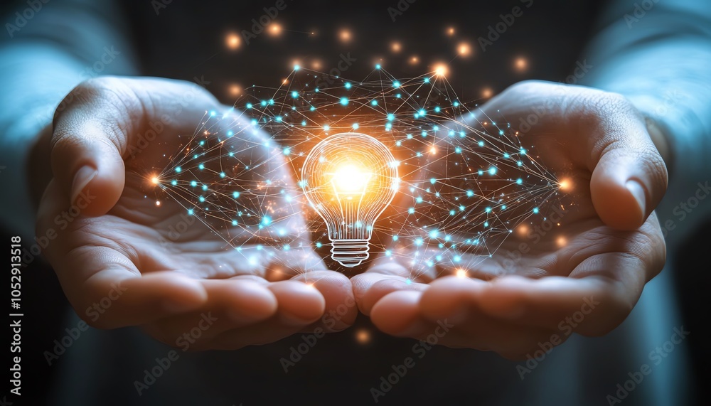 Aufkleber artistic depiction of hands holding a glowing lightbulb icon intertwined with digital network circui