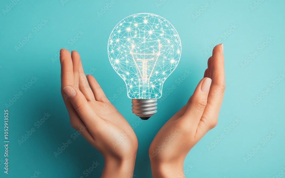 Aufkleber Closeup image of hands showcasing a lightbulb icon with embedded network circuits, set against a light blue background, highlighting the fusion of creativity and technology