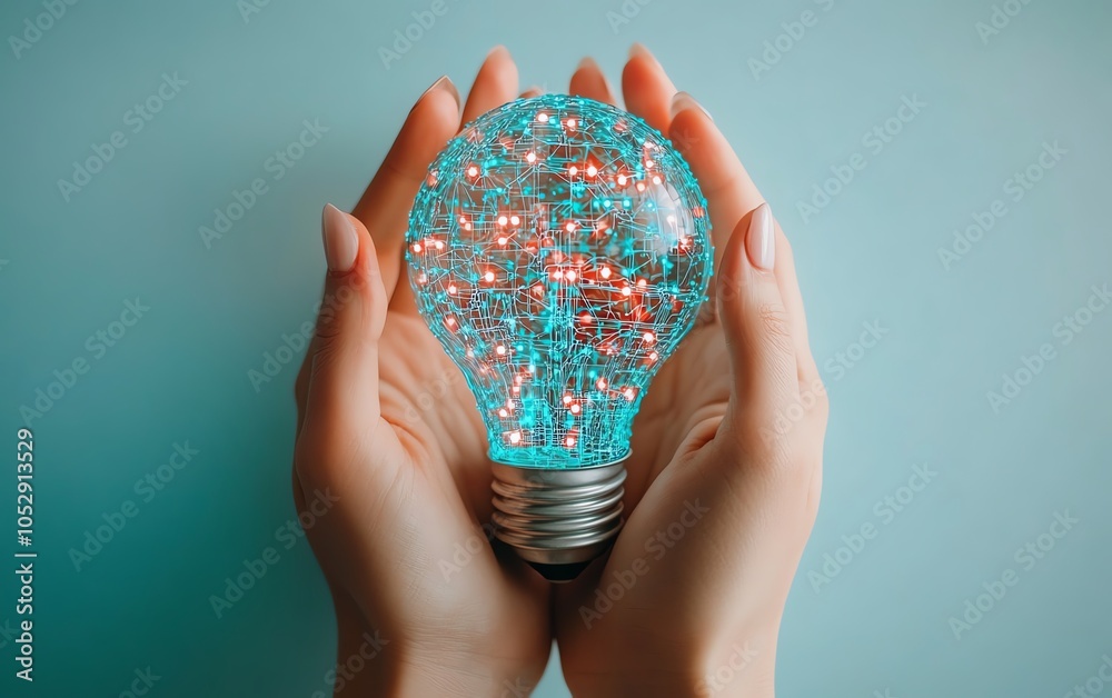Leinwandbilder Closeup image of hands showcasing a lightbulb icon with embedded network circuits, set against a light blue background, highlighting the fusion of creativity and technology