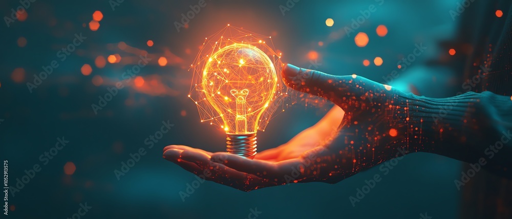 Poster Contemporary design of hands showcasing a glowing lightbulb icon integrated with complex network circuits on a light blue background, symbolizing the future of innovation