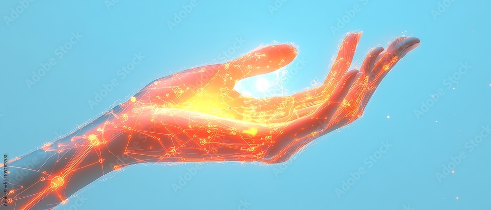 Aufkleber contemporary design of hands showcasing a glowing lightbulb icon integrated with complex network cir