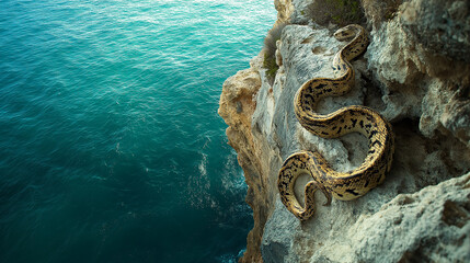 Snake Resting on the Edge of a Cliff, Overlooking the Ocean Below, Combining the Island&rsquo;s Natural Beauty with Its Hidden Danger 