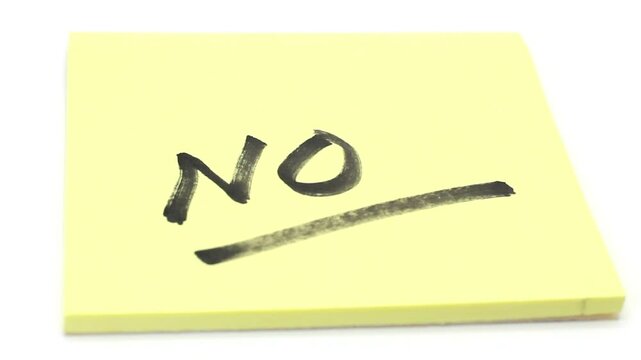 No being written on a sticky note with a sharpie, isolated on white background