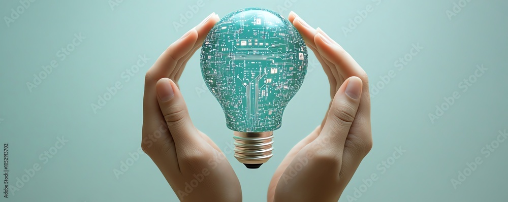 Poster Elegant 3D image of hands holding a lightbulb icon embedded with digital circuits, set against a light blue background, representing the power of ideas and technology