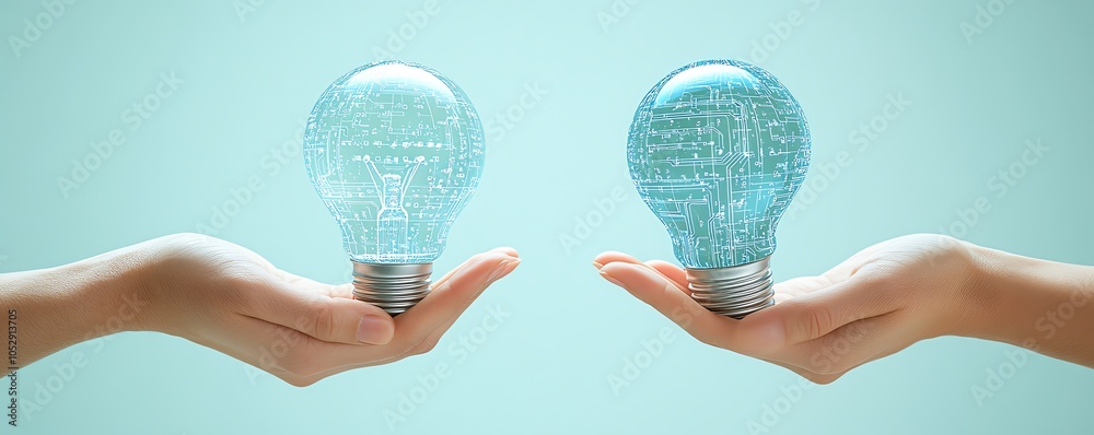 Poster Elegant 3D image of hands holding a lightbulb icon embedded with digital circuits, set against a light blue background, representing the power of ideas and technology