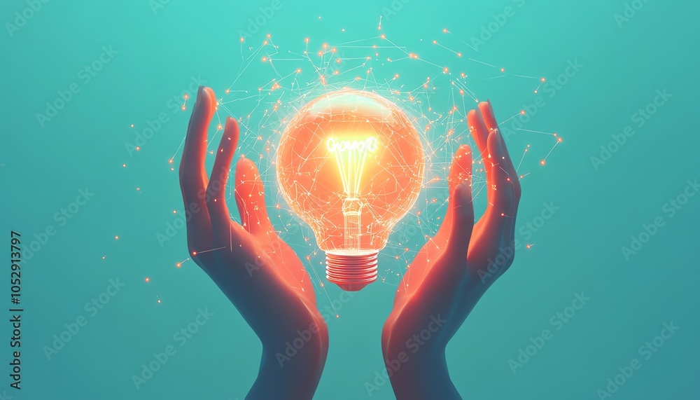 Aufkleber Stylized 3D illustration of hands presenting a luminous lightbulb icon surrounded by network circuits on a light blue background, capturing the essence of modern innovation