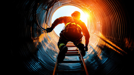 technician climbing ladder inside cylindrical structure, illuminated by sunlight. scene captures determination and focus of individual as they ascend