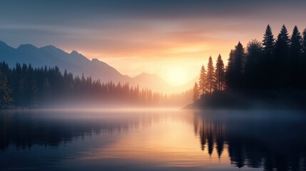 Fototapeta premium Serene sunrise over misty lake and mountains