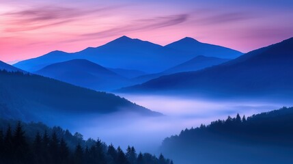 Serene mountain landscape at dawn with misty valleys