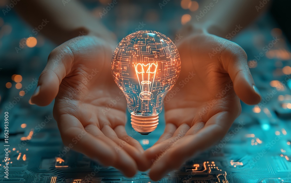 Aufkleber vibrant 3d depiction of hands presenting a lightbulb icon with network circuits on a light blue back