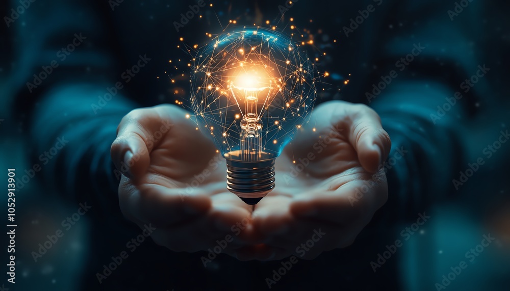 Poster Artistic depiction of hands holding a glowing lightbulb icon intertwined with digital network circuits against a soft light blue backdrop