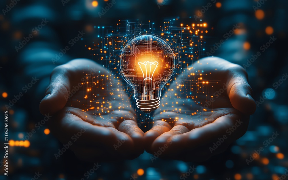 Poster 3D rendering of hands presenting a lightbulb icon integrated with intricate network circuits on a light blue background, symbolizing innovation and technology